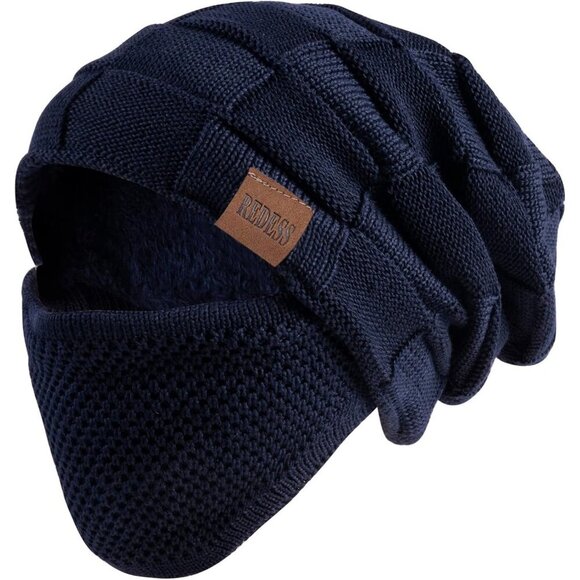 Accessories - Men & Women Sea Blue Winter Warm Knit Slouchy Skull Cap with Face Cover